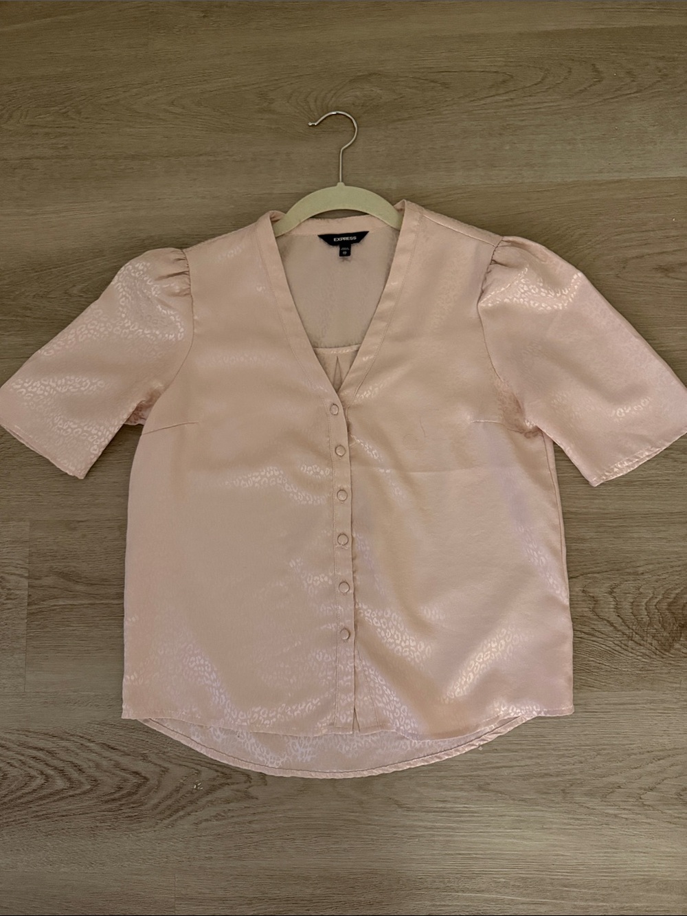 Express Pale Blush Satin V-Neck Button Front Blouse